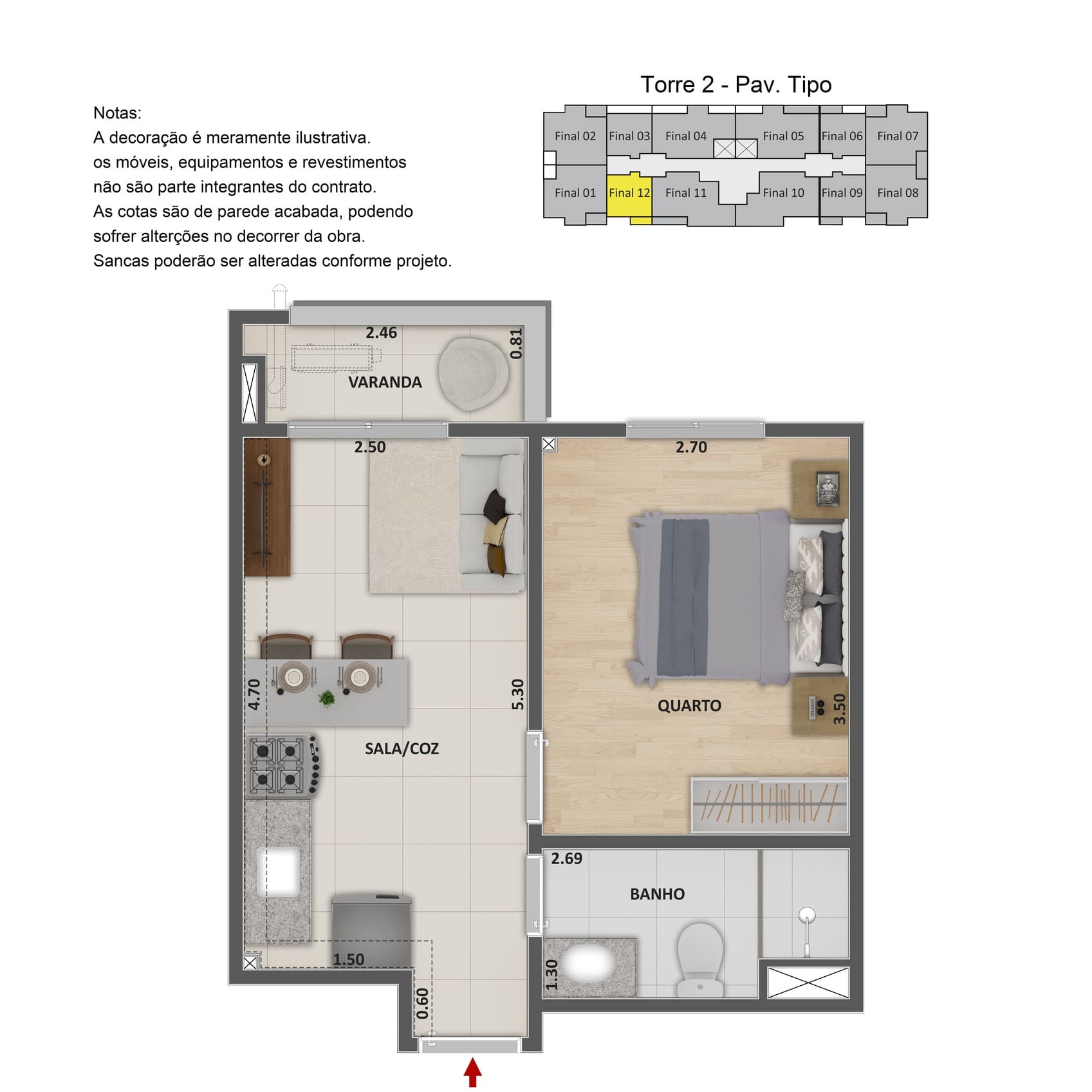Planta 2 Quartos Suíte 52m² Metropolitan Dream